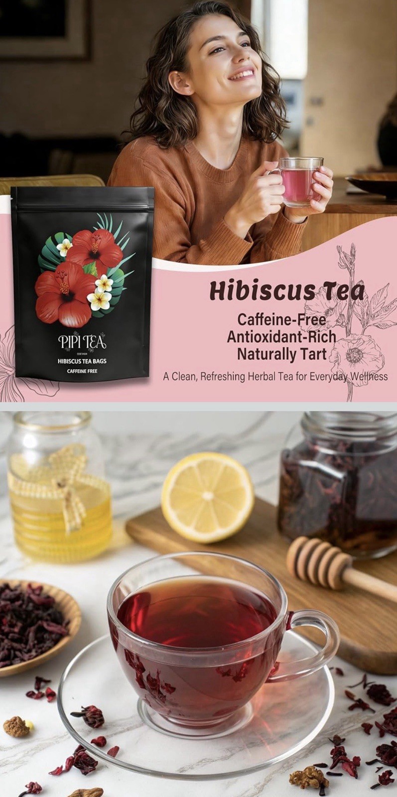 3 PiPi Tea Organic Hibiscus Tea Bags Caffeine Free Herbal Tea Rich Antioxidant