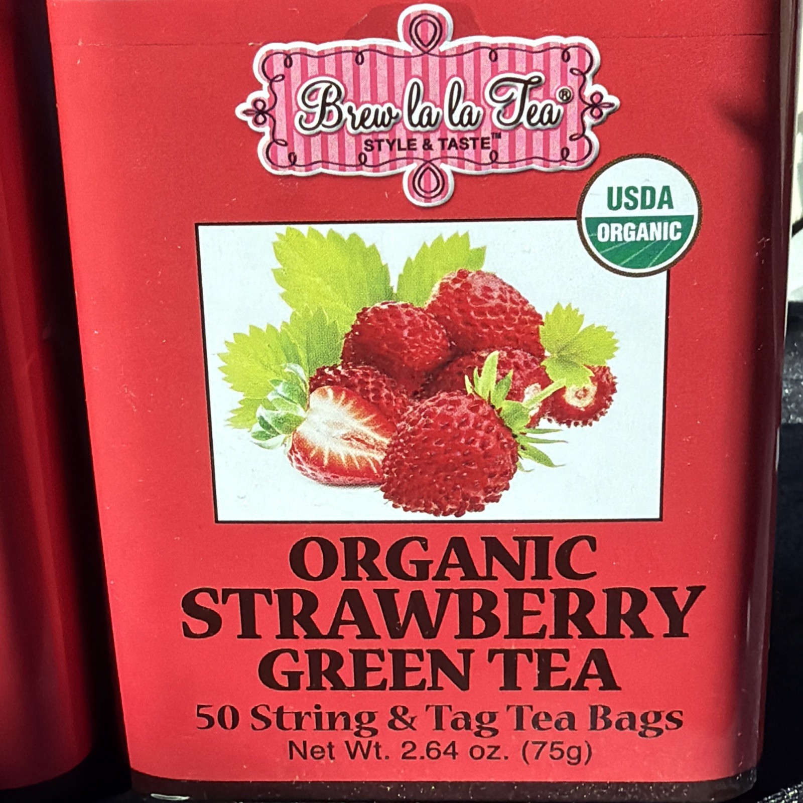 BREW La La 🫖 TEA -ORGANIC STRAWBERRY 🍓 GREEN TEA 2 Tins=100 TeaBags BB:06/2029