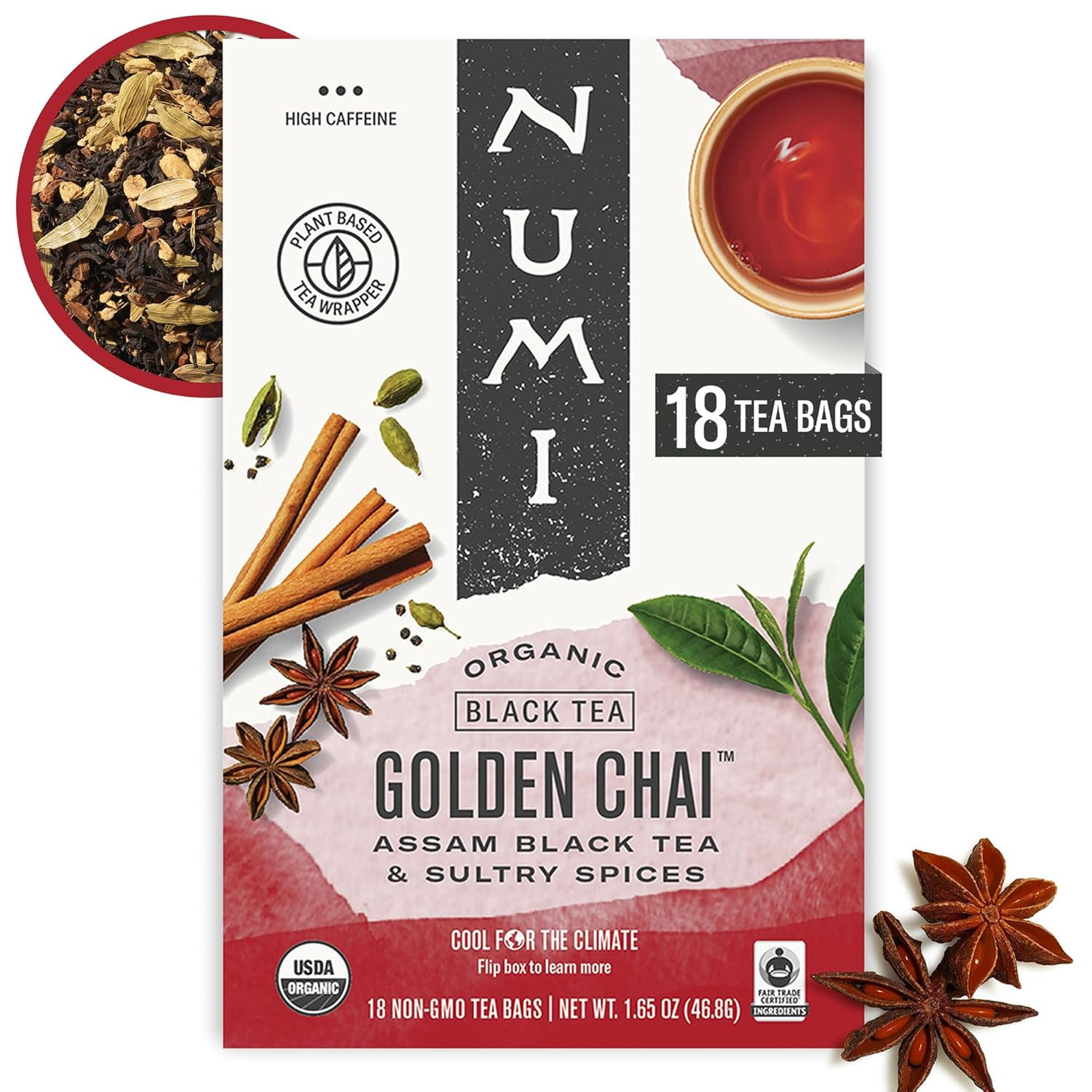 Numi Organic Rooibos Chai Tea, 100 Tea Bags, Herbal Red Tea with Cinnamon, Allsp