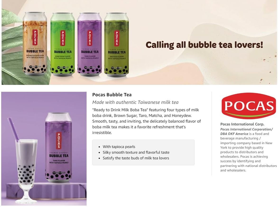 Pocas Bubble Tea with Tapioca Pearls, Variety Pack 8 can(16.5oz) BOBA TEA