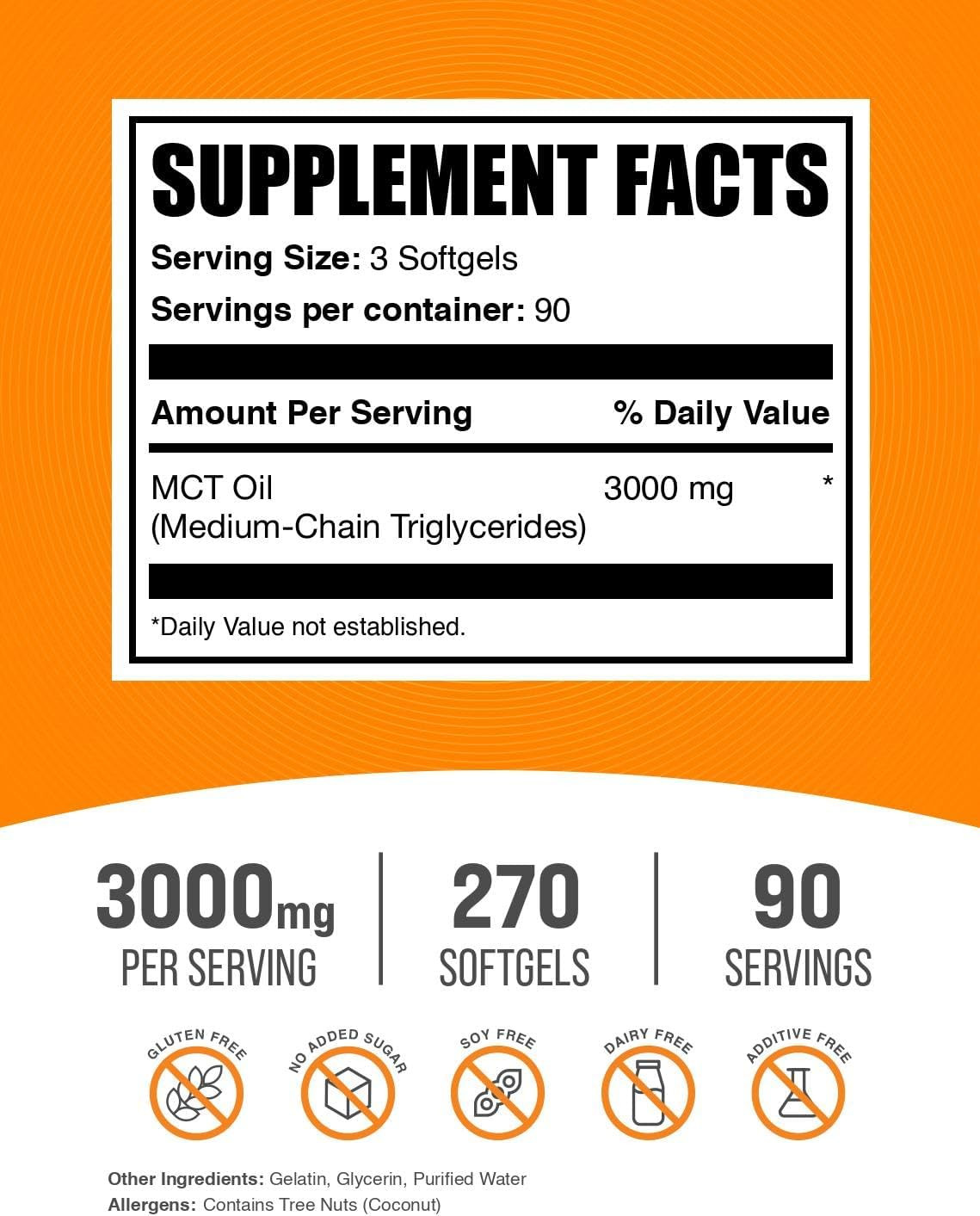 BulkSupplements.com MCT Oil Softgels – Medium Chain 270 Count (Pack of 1)