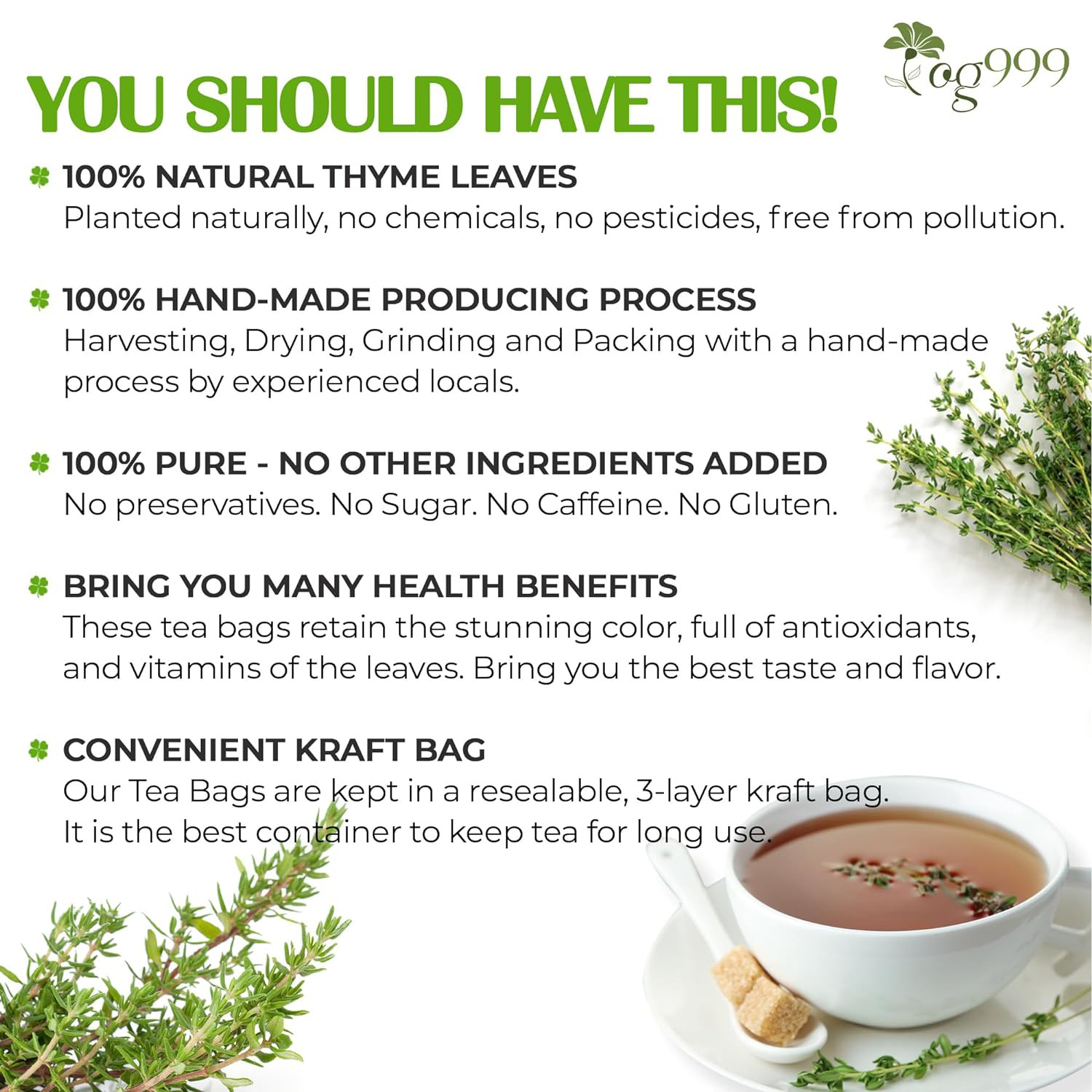 TOG999, 40 Thyme Leaf Tea Bags, 100% Natural & Pure Thyme Leaves. Loose Leaf No