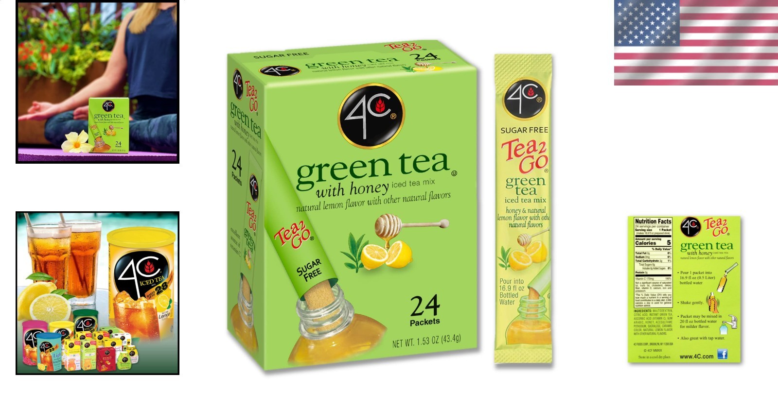 Powder Drink Mix Lemon-Lime Green Tea 24 Singles Sugar Free Decaf Stix Hydration