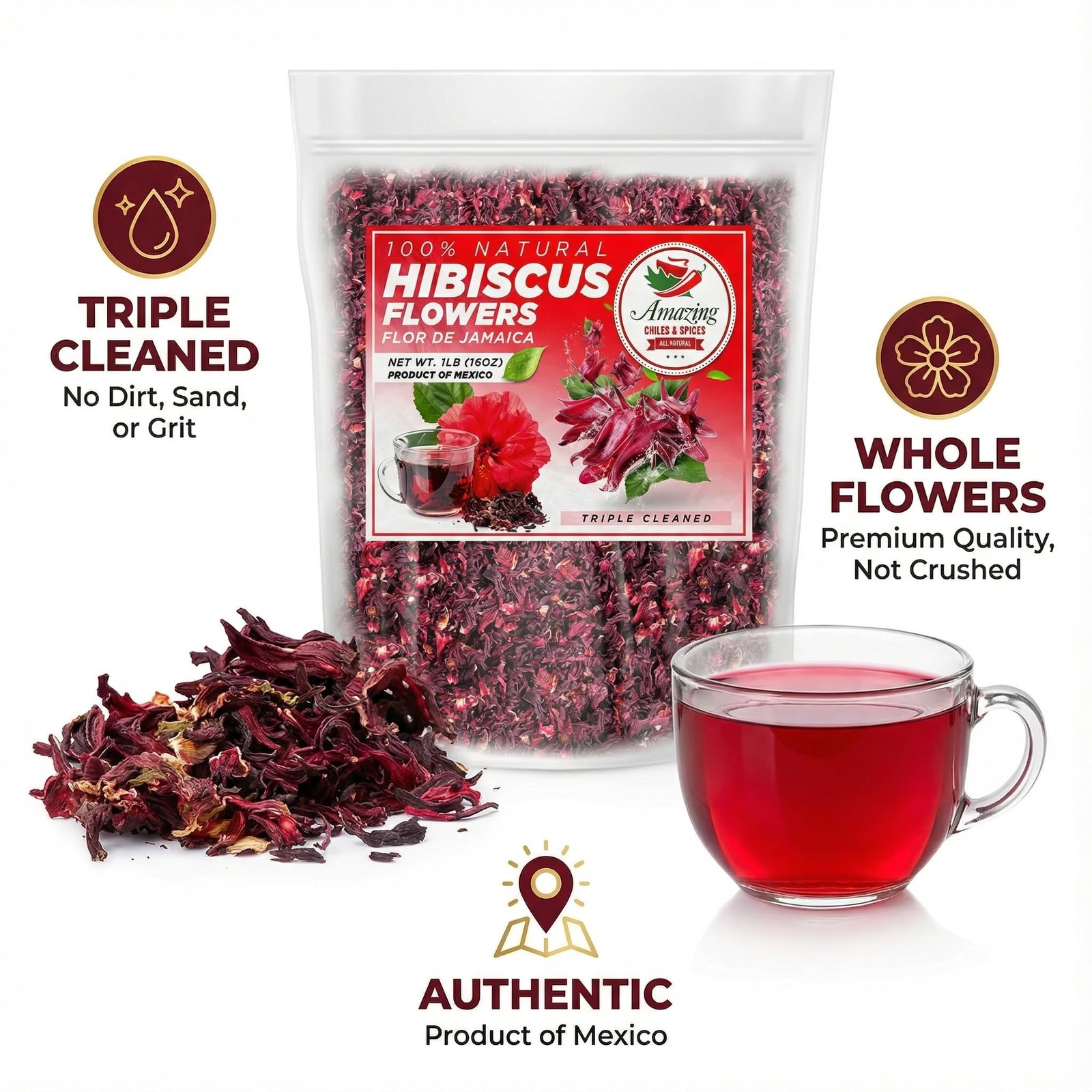 Hibiscus Flowers 1lb 16oz All Natural Triple Cleaned Whole Soft and Petals