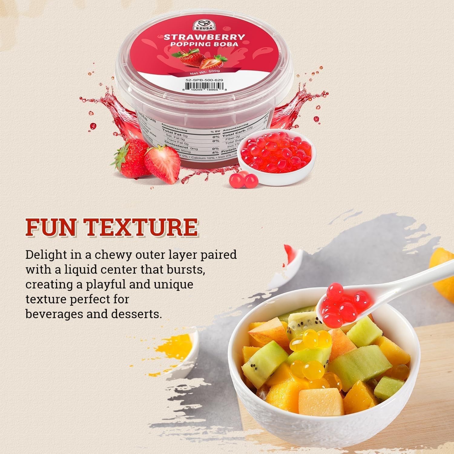 52USA Strawberry Popping Boba 500g, Popping Pearls for Bubble Tea, Beverages,…