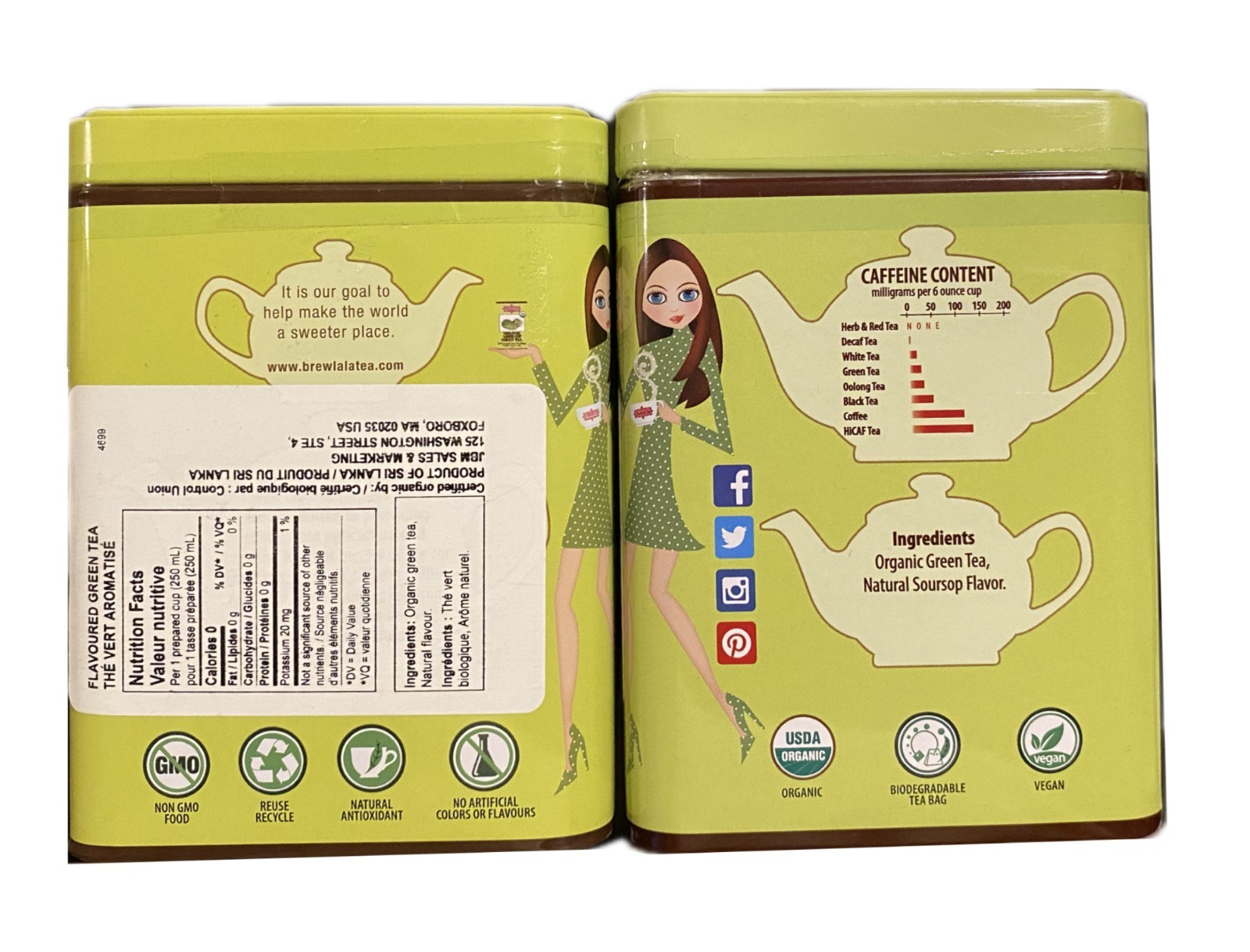 Brewlala Tea Organic Soursop Green Tea 50 String & Tag Tea Bags 75g 2pcs