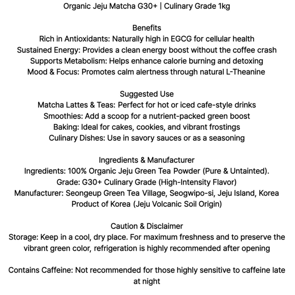 Organic Jeju Matcha G30+ Culinary Grade 1kg | Bulk Korean Green Tea for Baking