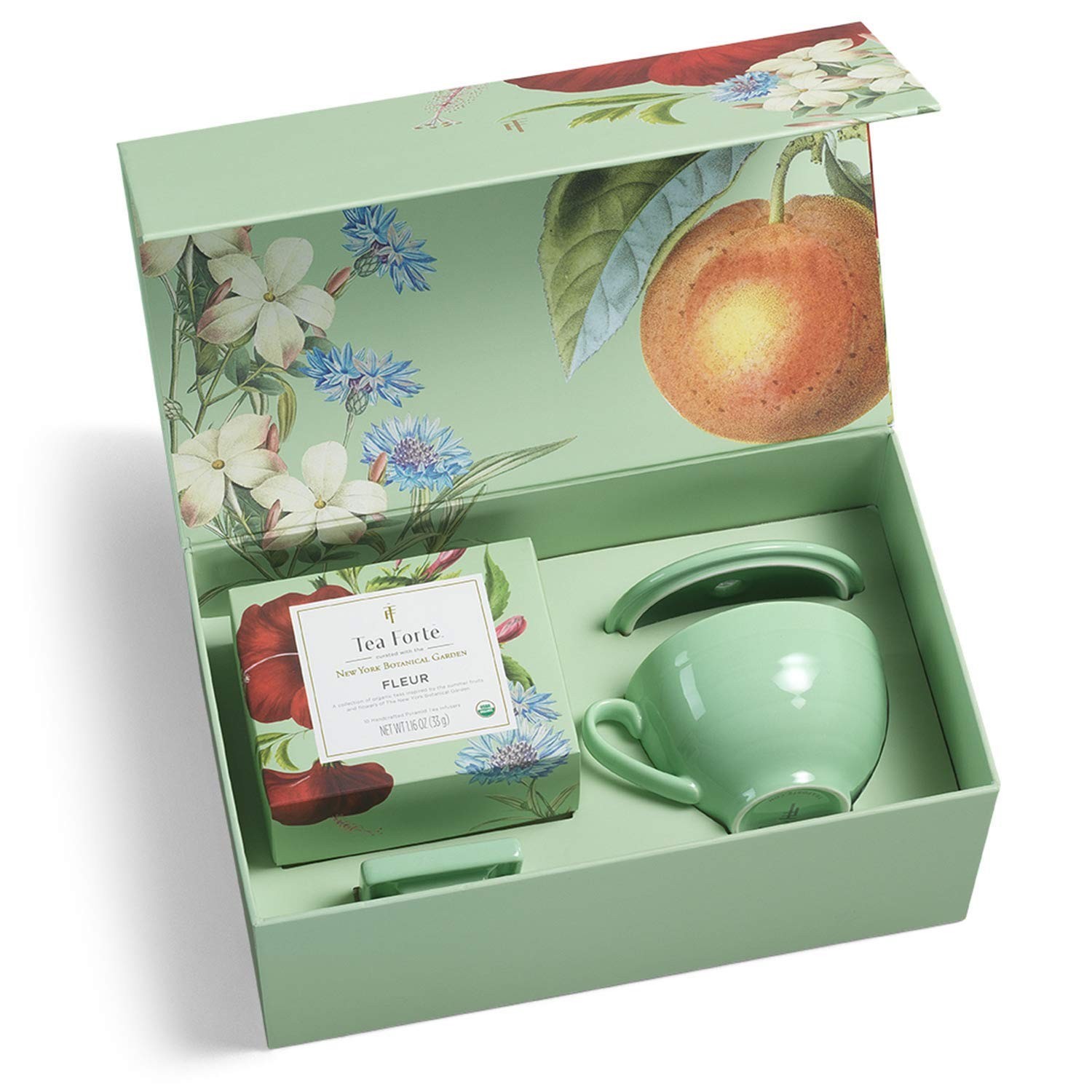 Tea Forte Fleur Tea Gift Set Cafe Cup Tray 10 Pyramid Infuser Tea Bags