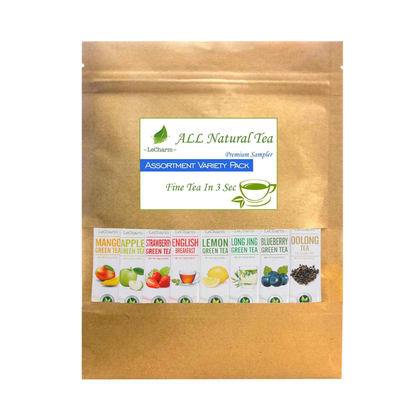 LeCharm 8-Flavor Tea Powder Mix Pack – 100% Natural Herbal Black Green Fruit
