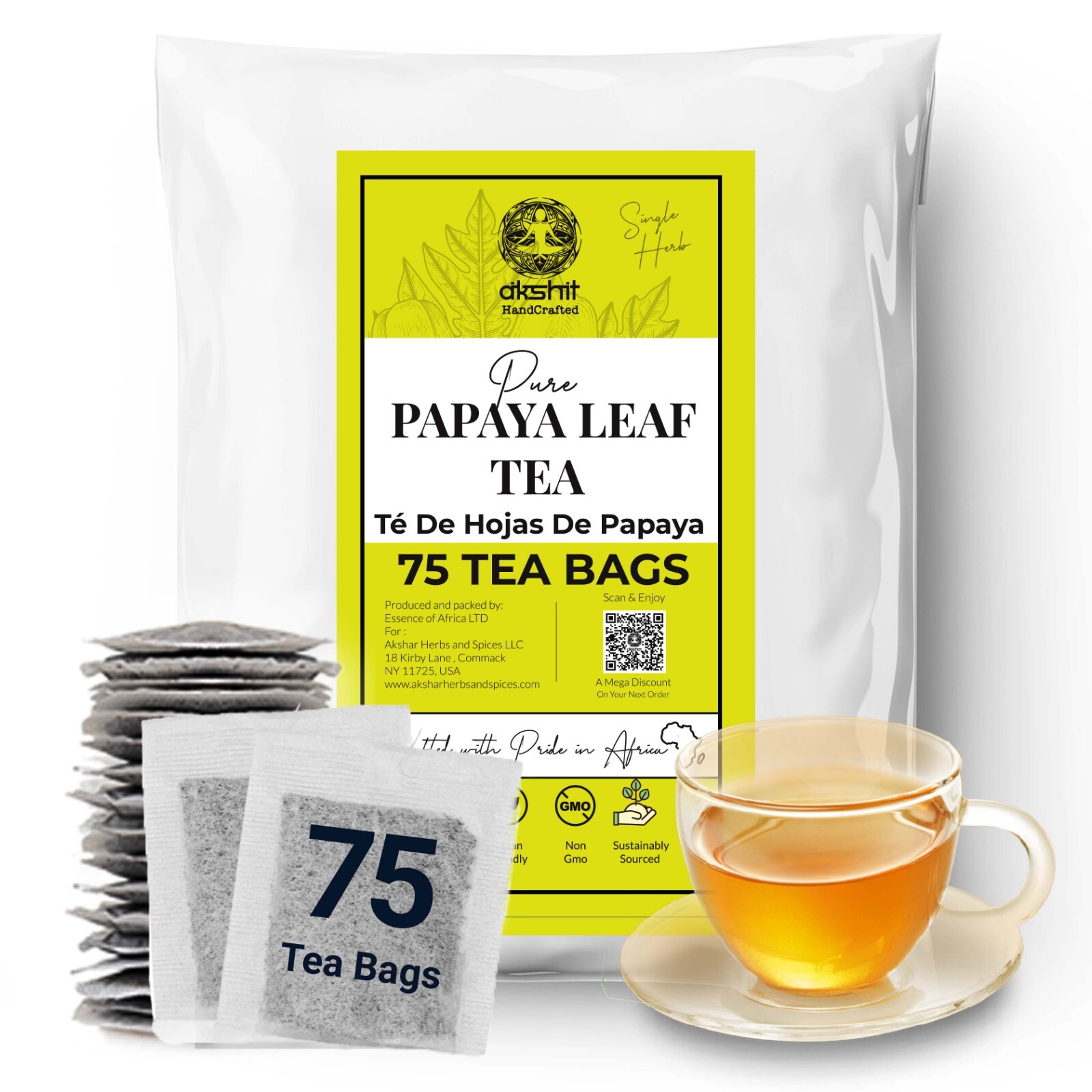 75 Papaya Tea Bags, Papaya Leaf Tea, Te De Hojas De Papaya, Herbal Tea
