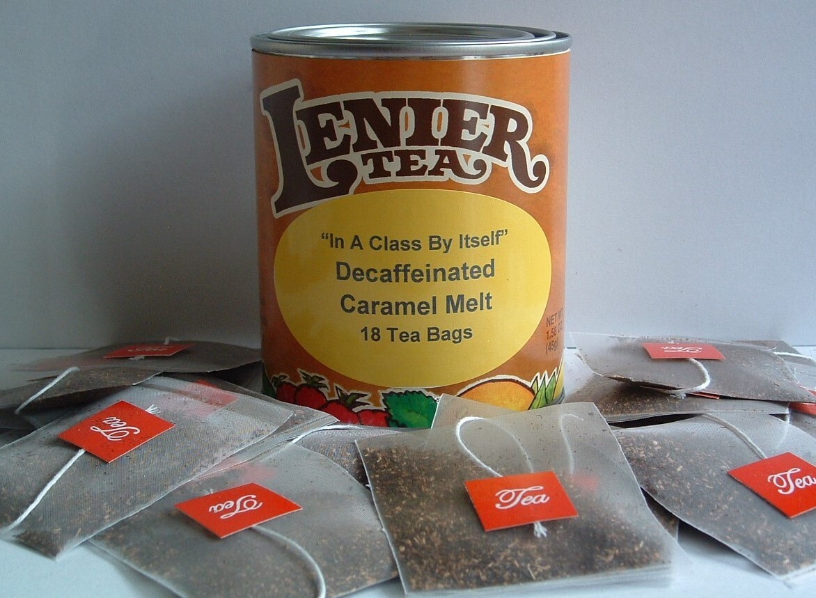 Lenier Decaf. Caramel Melt Biodegradable Nylon Tea Bags 18 Count Reusable Tins
