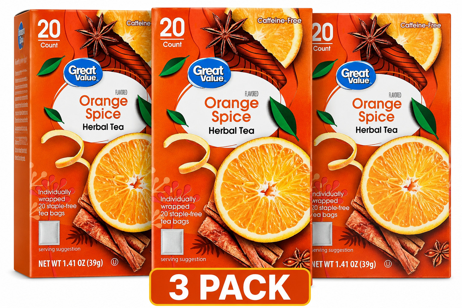 Great Value Orange Spice Herbal Tea Bags Caffeine Free 20 Count Pack of 3 Boxes