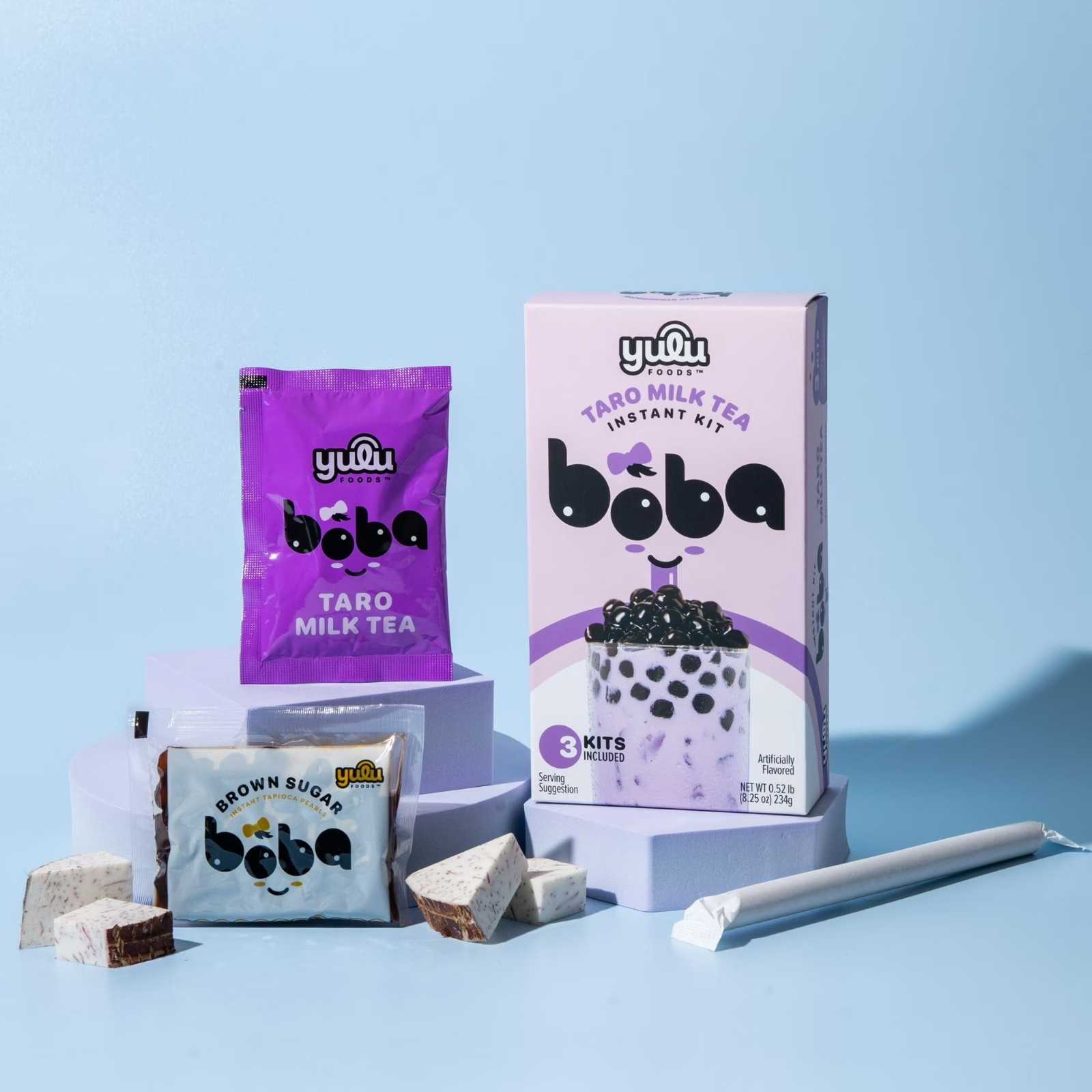 Yulu Instant Boba Taro Milk Tea, Bubble Tea Kit, 3 Drinks