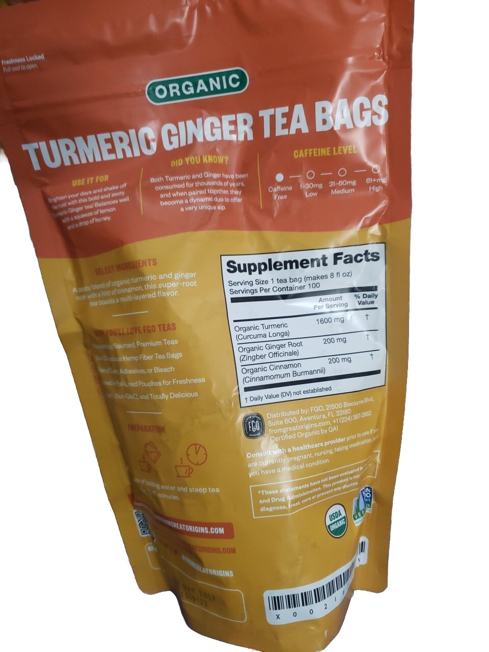 FGO Organic Turmeric Ginger Tea, Eco-Conscious Tea Bags, 100 Count, Packaging…