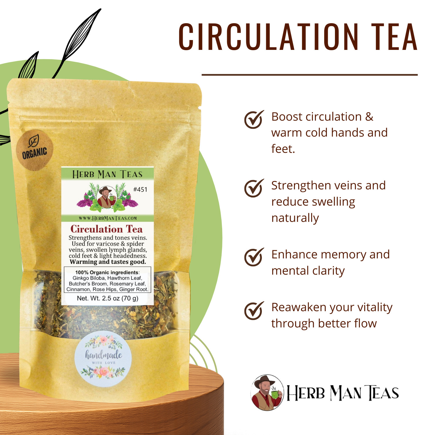 CIRCULATION TEA Strengthens & tones veins, Warms up body by master herbalist 3oz