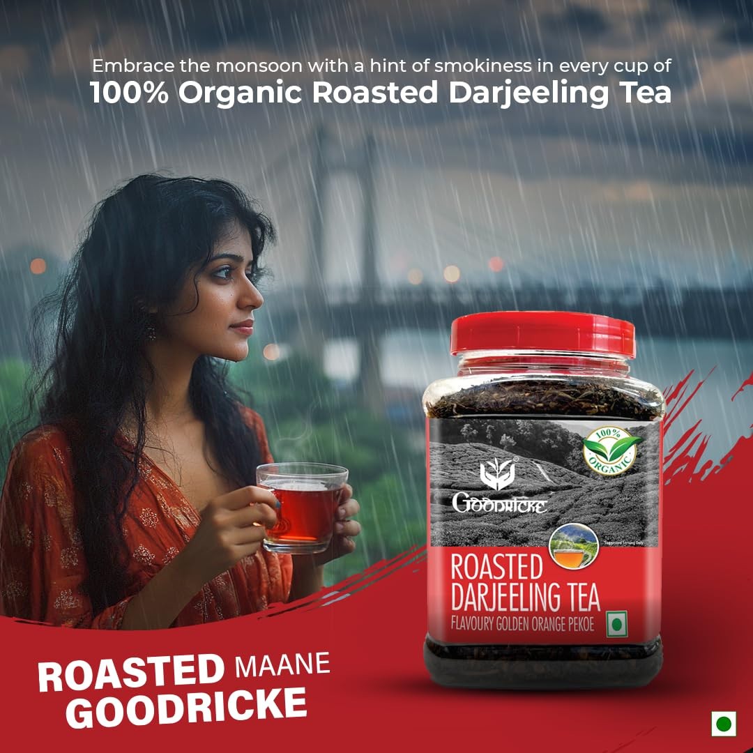 GOODRICKE Roasted Organic Darjeeling Tea Jar 250gm Flavoury Golden Orange Pekoe