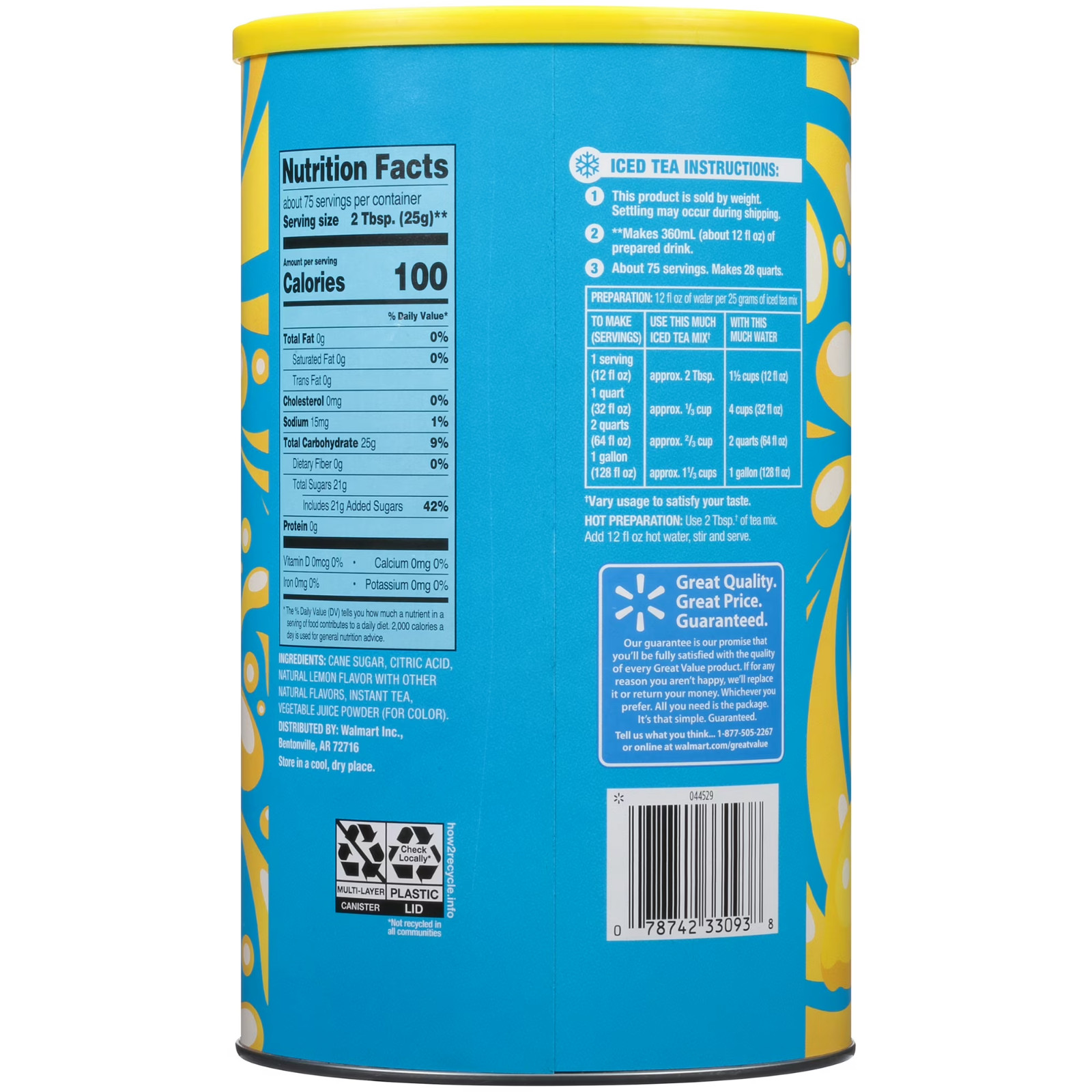 Great Value Natural Lemon Flavor Iced Tea Drink Mix, 66.1 Oz