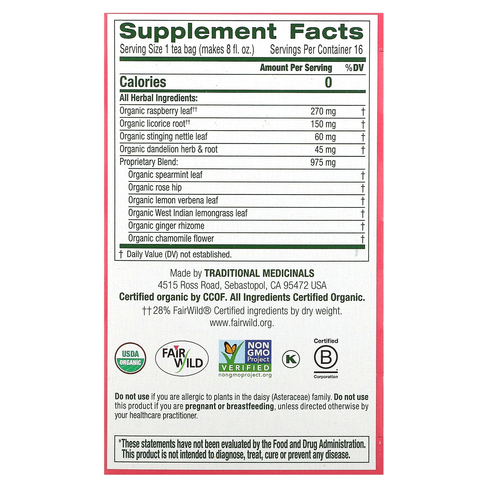 Organic Healthy Cycle, Raspberry Leaf, Caffeine Free, 16 Wrapped Tea Bags, 0.85