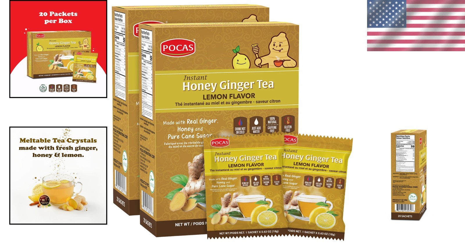 Natural Honey Ginger Instant Tea Powder with Lemon Flavor – 2-Pack for Digestion