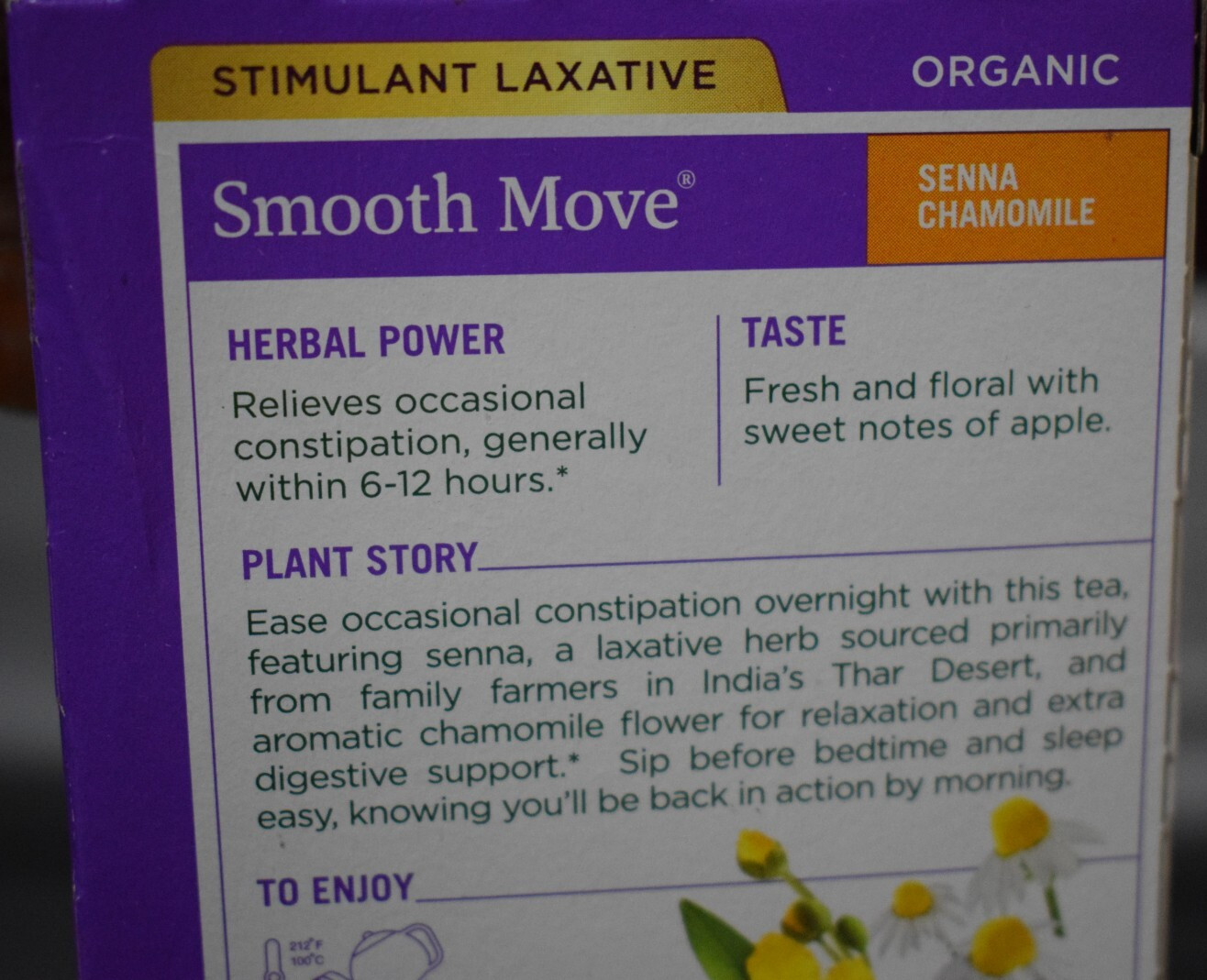 Organic Smooth Move Senna Chamomile Stimulant Laxative Caffeine-Free 16 TEA Bags