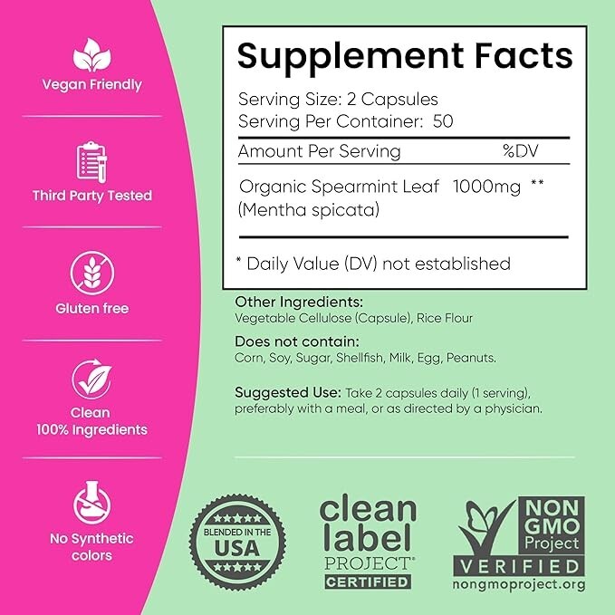 PCOS Herbal Organic Spearmint Capsules – Hormonal Balance, Clear Acne and Skin