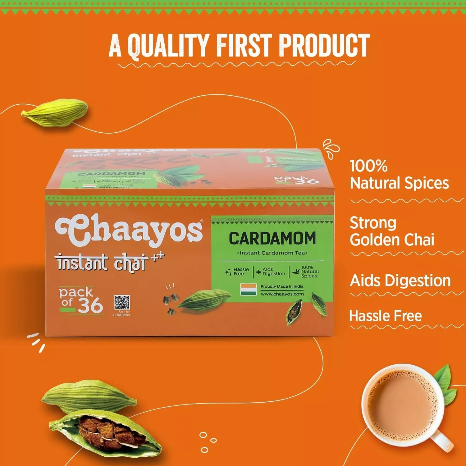 Chaayos Instant Herbal Tea Premix, Cardamom Regular Sugar 14g * 36 Sachets .