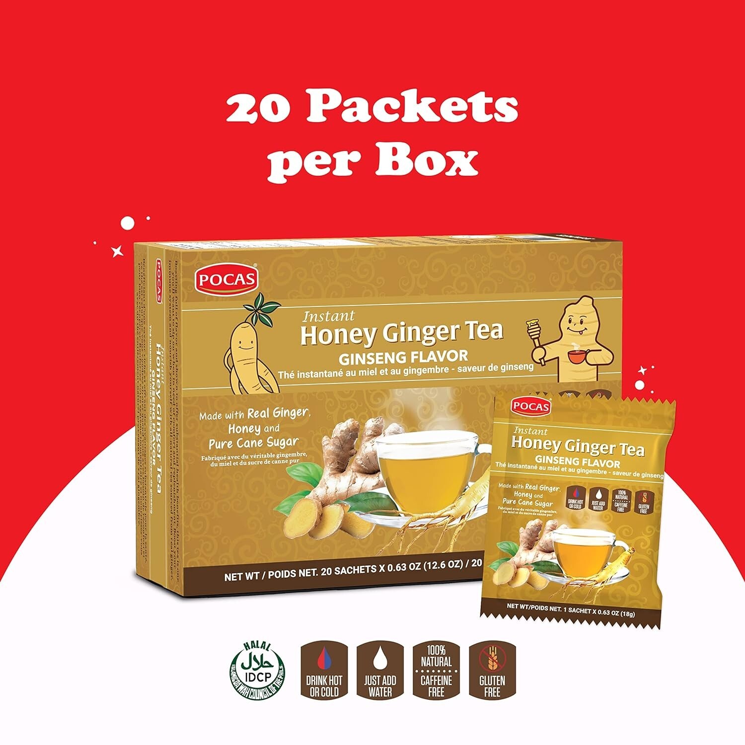 Pocas Honey Ginger Tea, Ginseng Flavor, ( Pack 2) Best By 03/2026