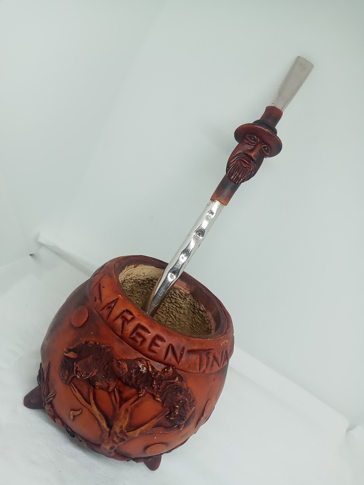 Argentina Unique Hand Made Wooden Yerba Mate Cup & Bombilla W Nature Design.
