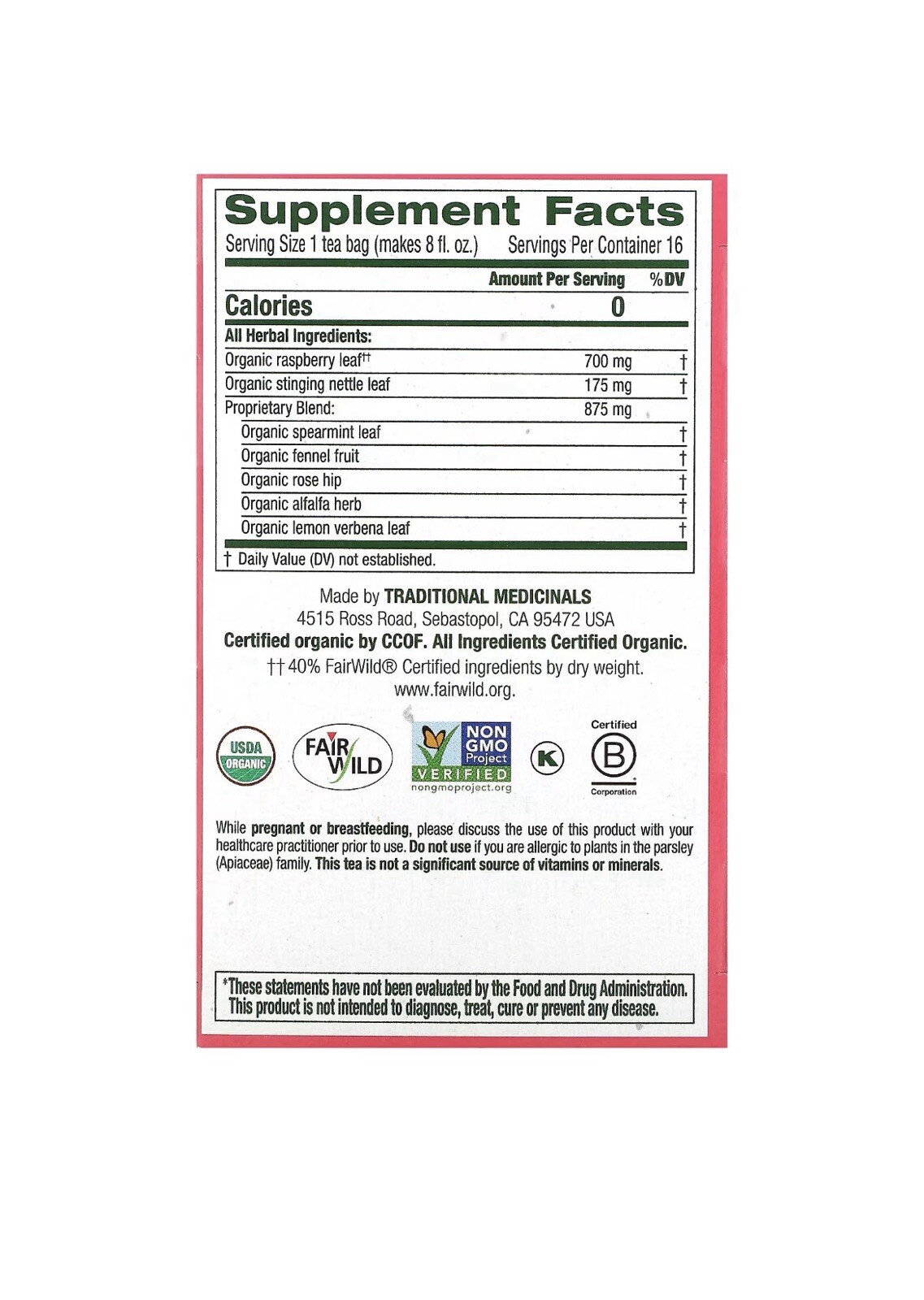 Organic Pregnancy Tea,raspberry Leaf ,caffeine Free ,16 Wrapped Tea Bags