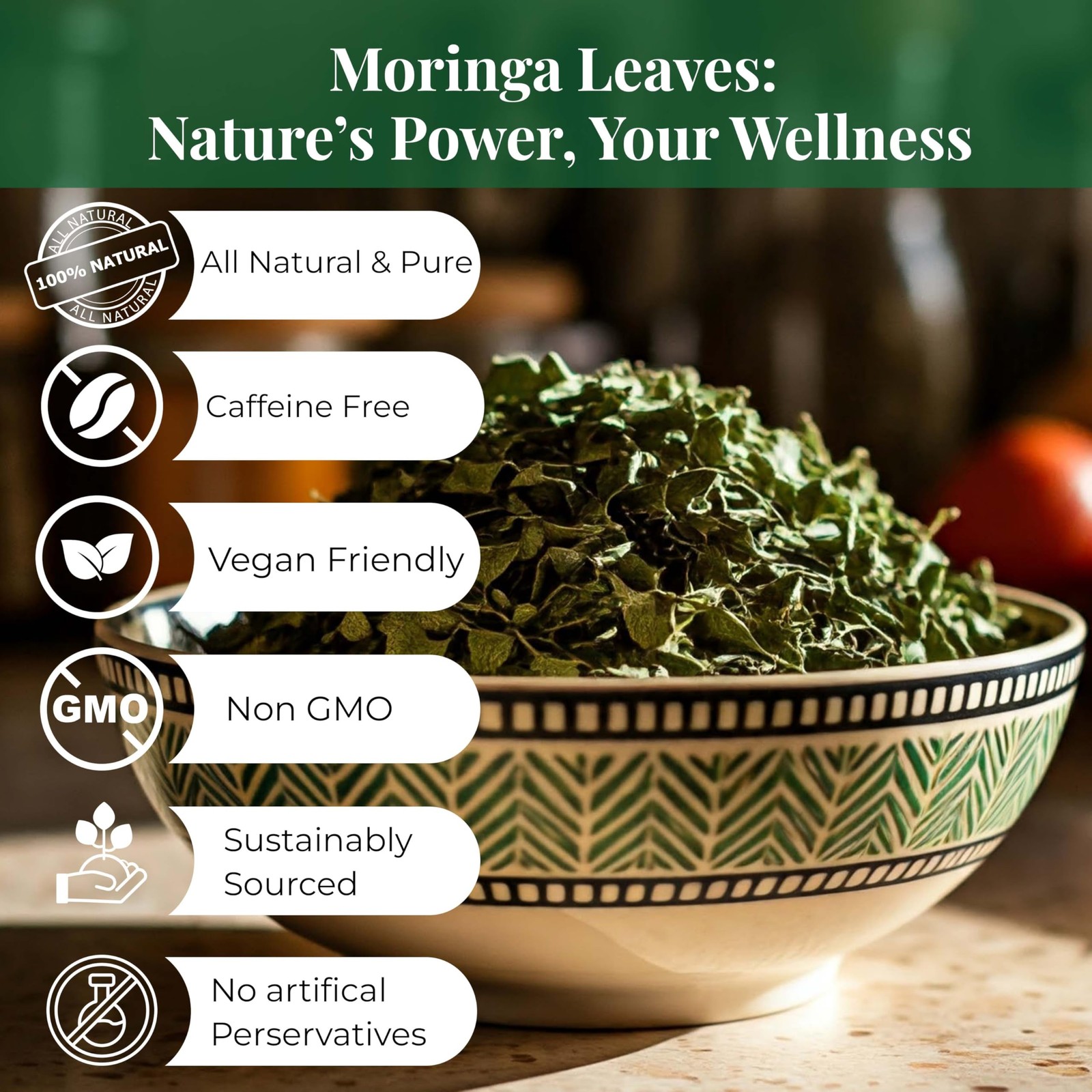 Moringa Leaves-2.6oz, Dried From Fresh Green 2.6 Ounce (Pack of 1)