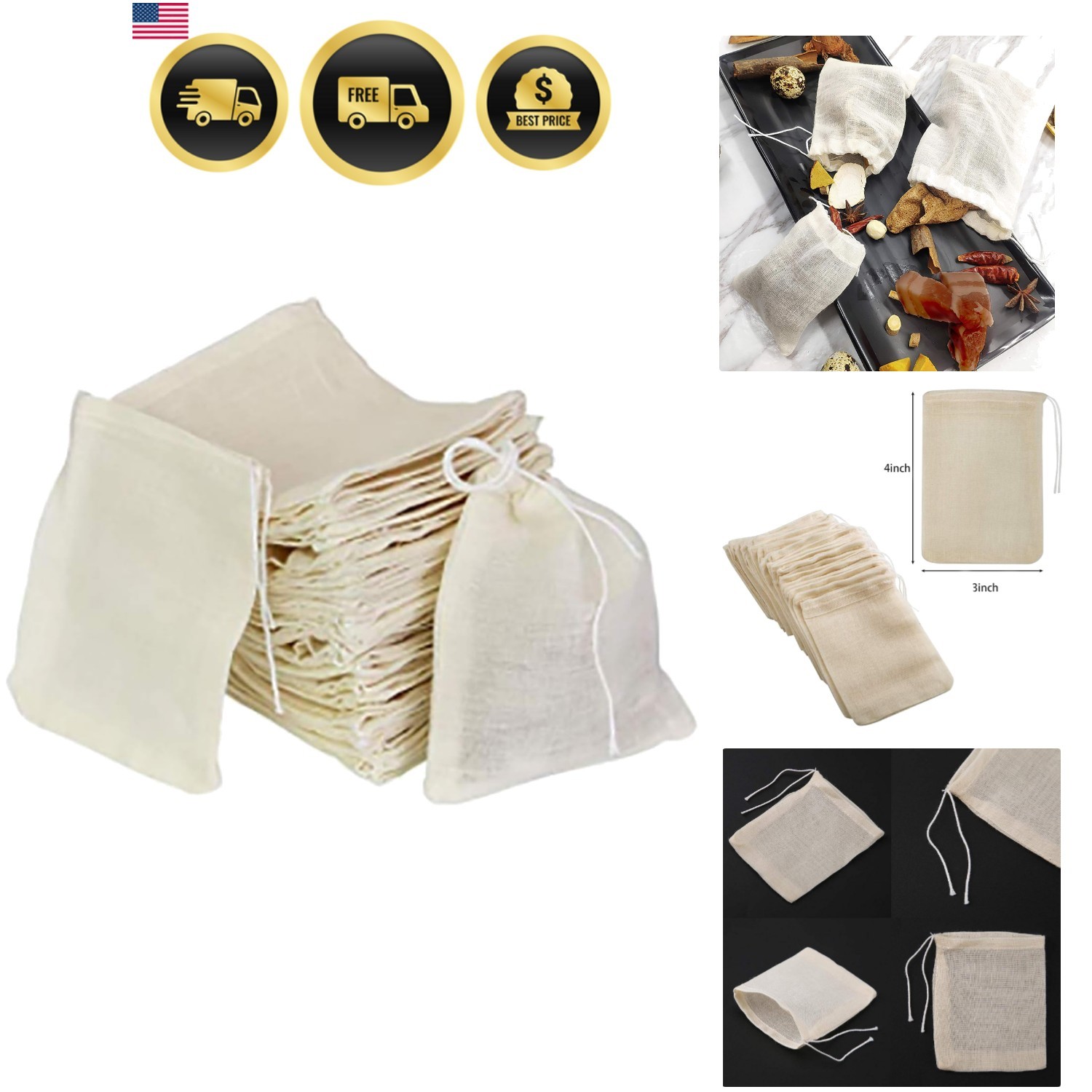 30 Pcs 4 x 3 Inches Natural Unbleached Cotton Drawstring Bags Spice/Herbs/Tea…