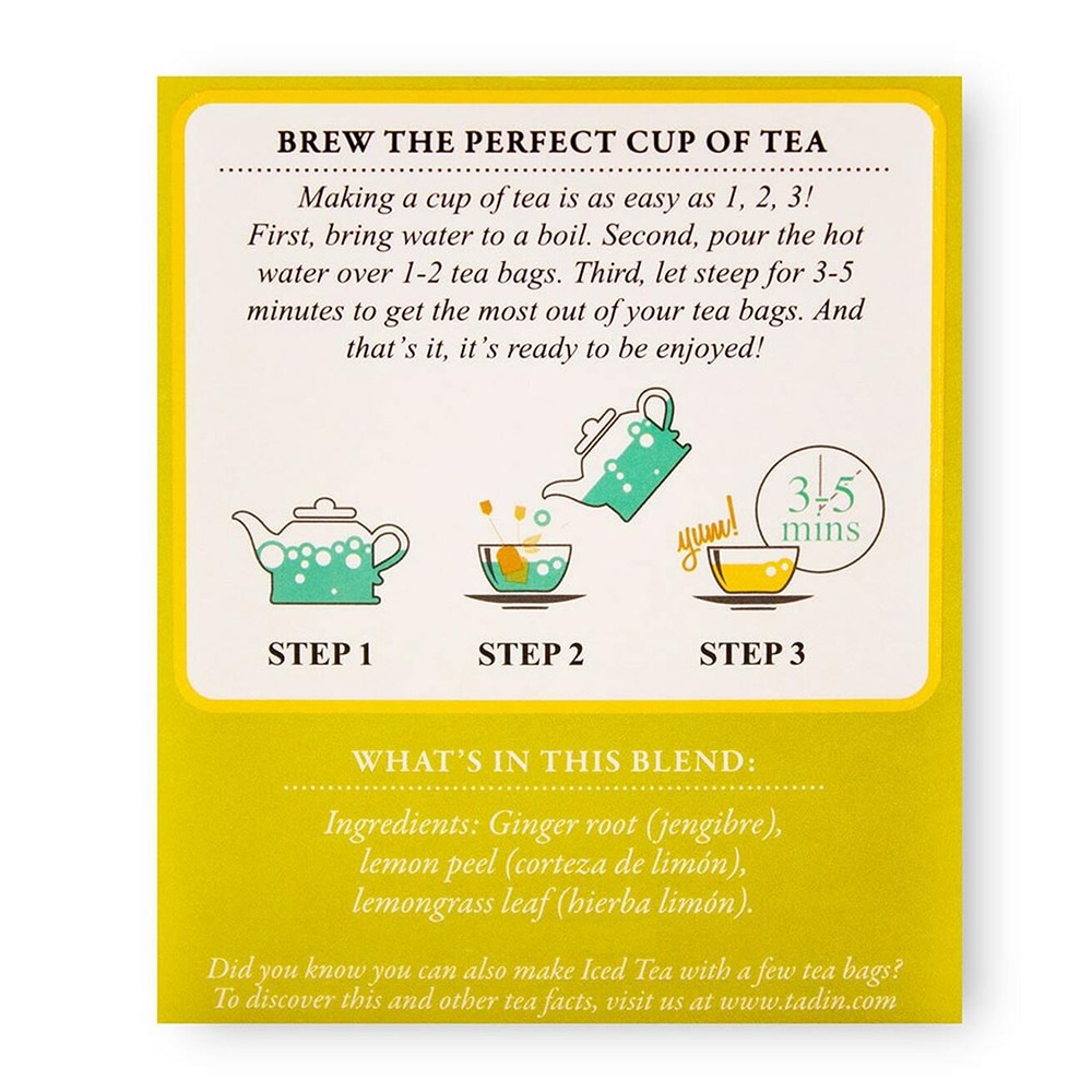Tadin Lemon Ginger Herbal Tea. Energy & Digestive Aid. 24 tb. 0.84 oz. Pack of 3
