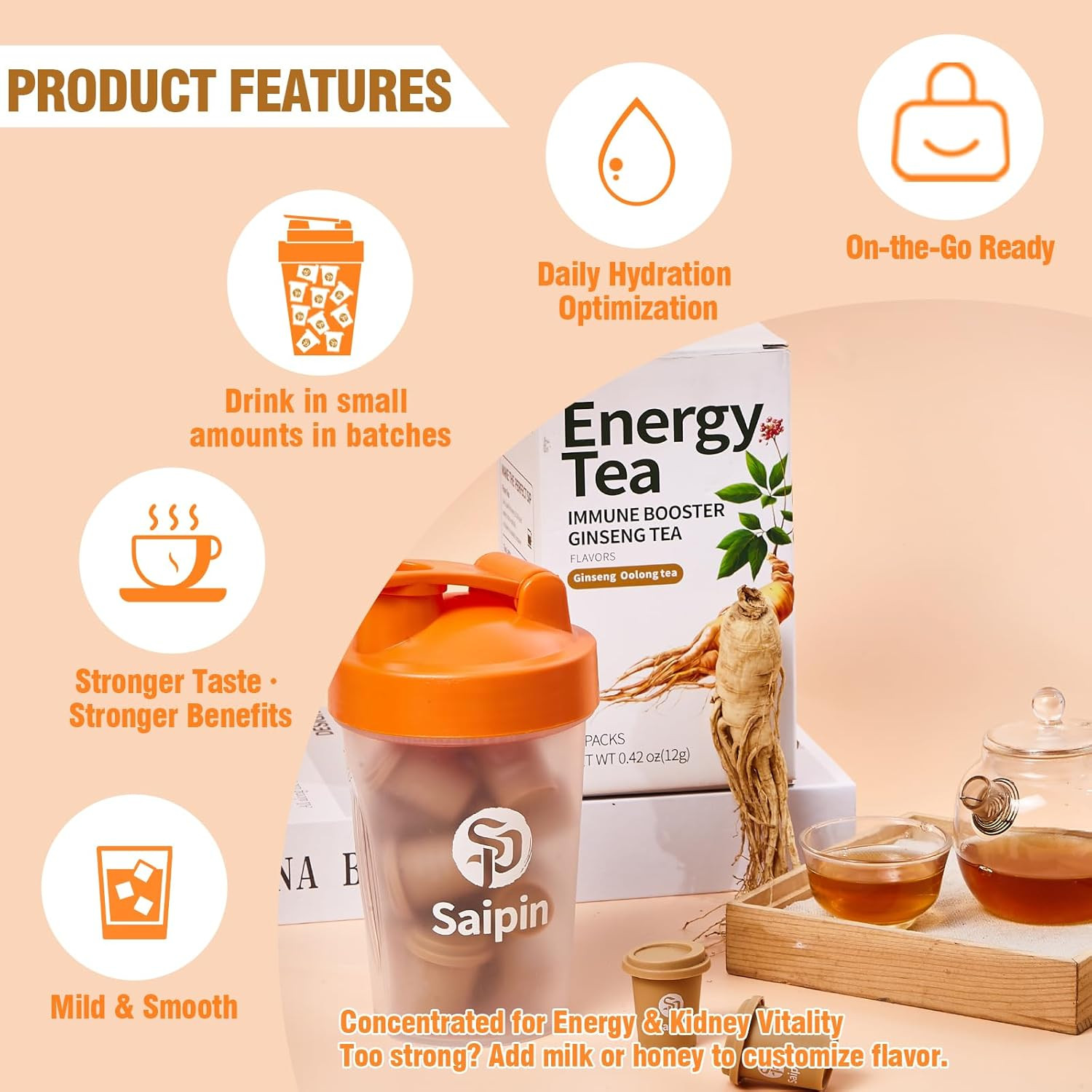 SAIPIN Organic Ginseng Tea-20 Instant Oolong Tea with Free Shaker Bottle for Nat
