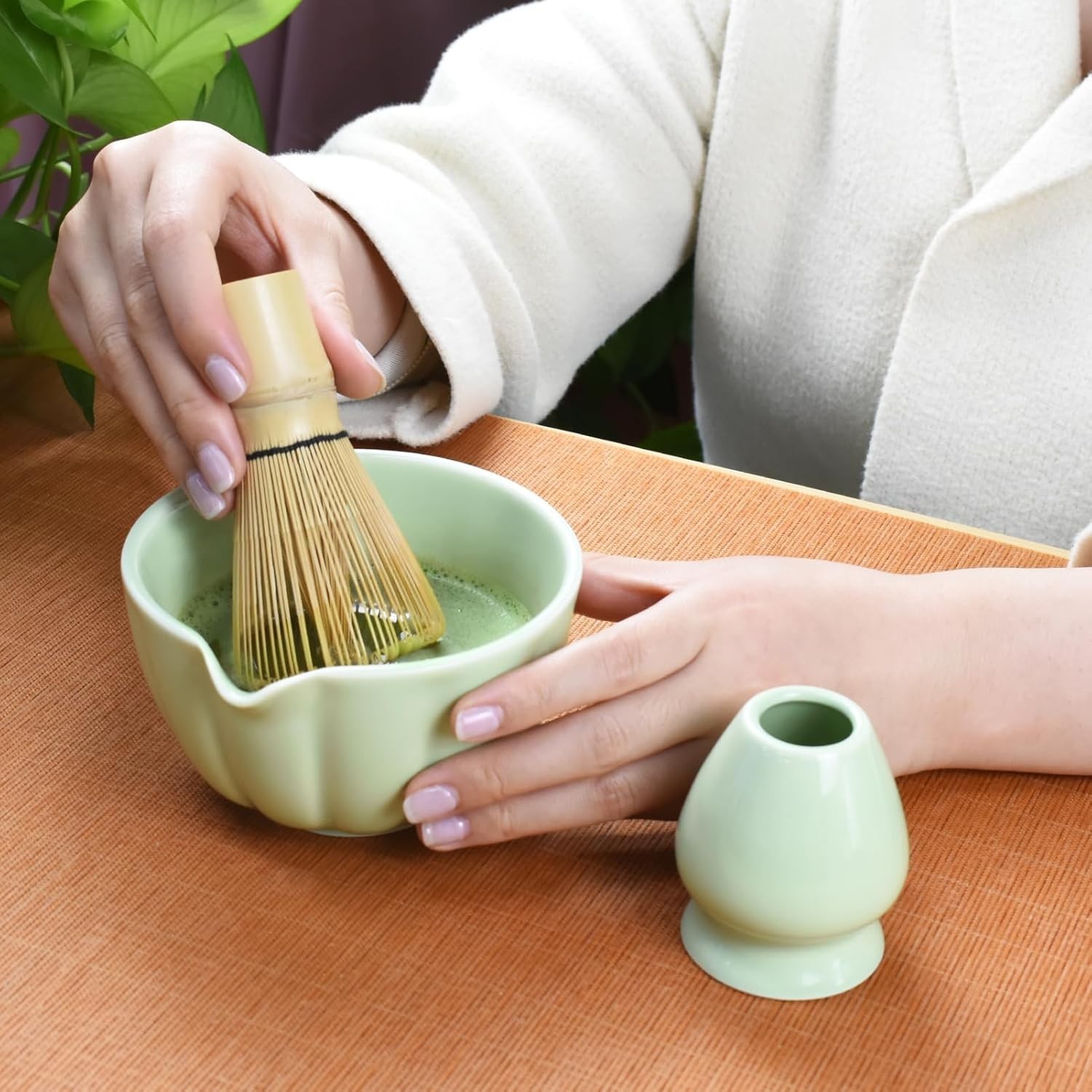 4PCS Matcha Tea Set Bowl Whisk Scoop Holder Japanese Tea Ceremony Kit Green