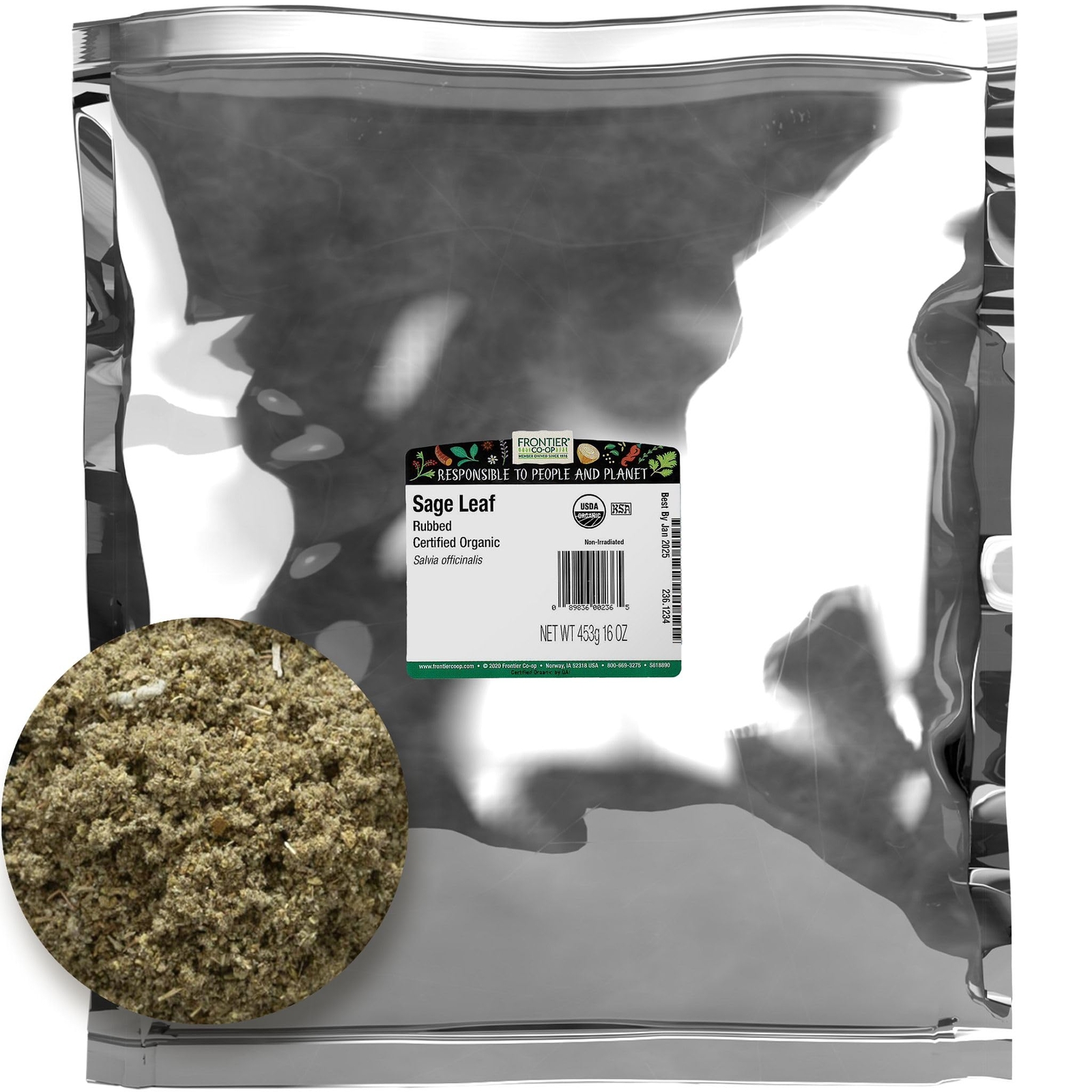 Frontier Co-op Rubbed Sage Leaf, 1-Pound, Sweet Earthy Flavor, Hints of Mint,