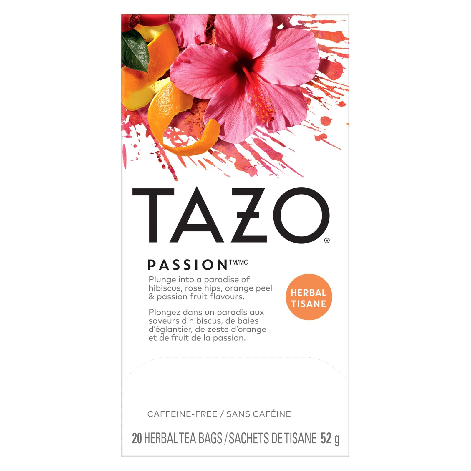TAZO Passion Herbal Tea Bags, Hot or Iced, Caffeine Free, 20 orange