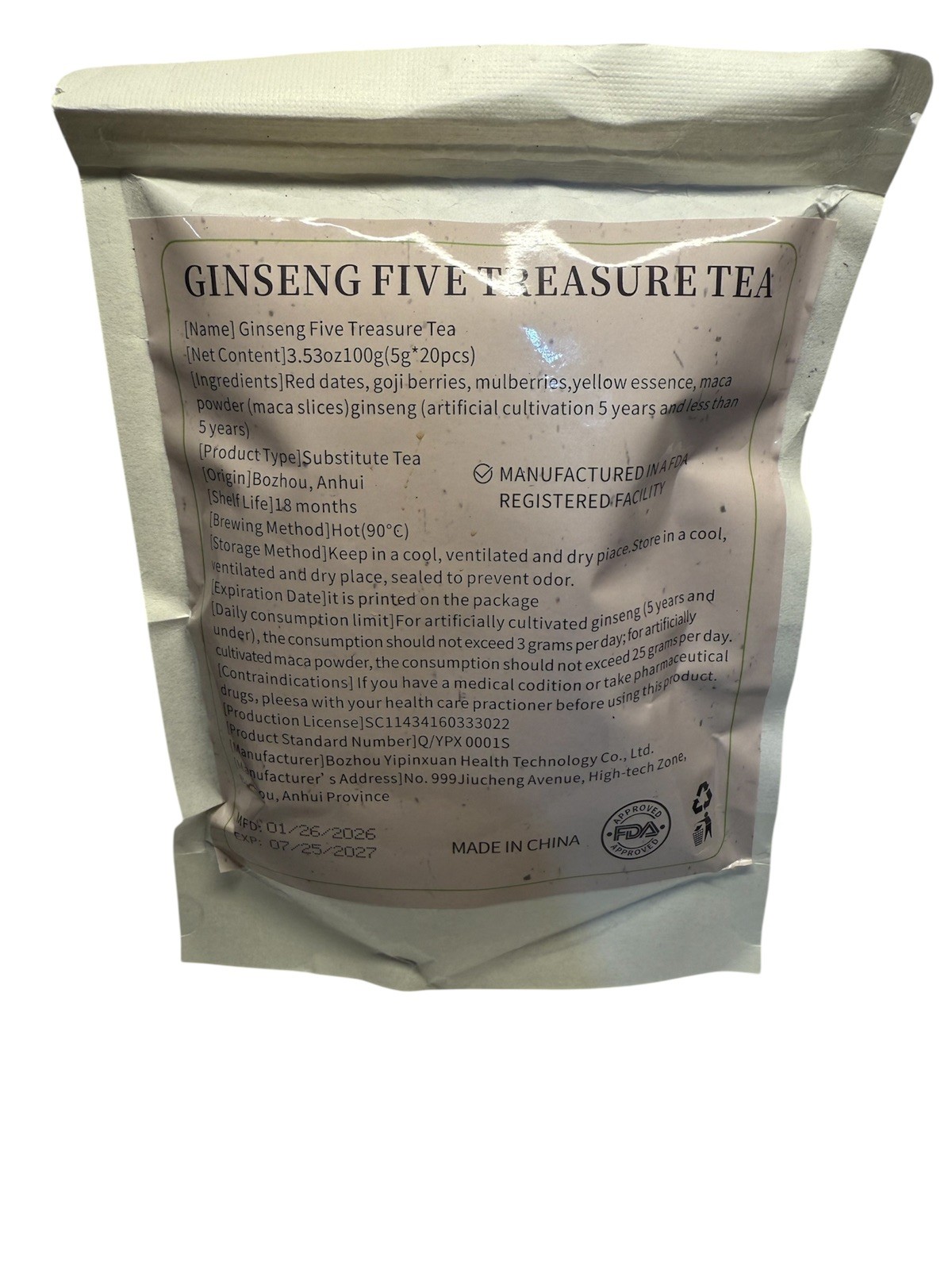 Ginseng Five Treasure Tea Herbal Wellness Blend–100g(20 pcs) Free Shipping