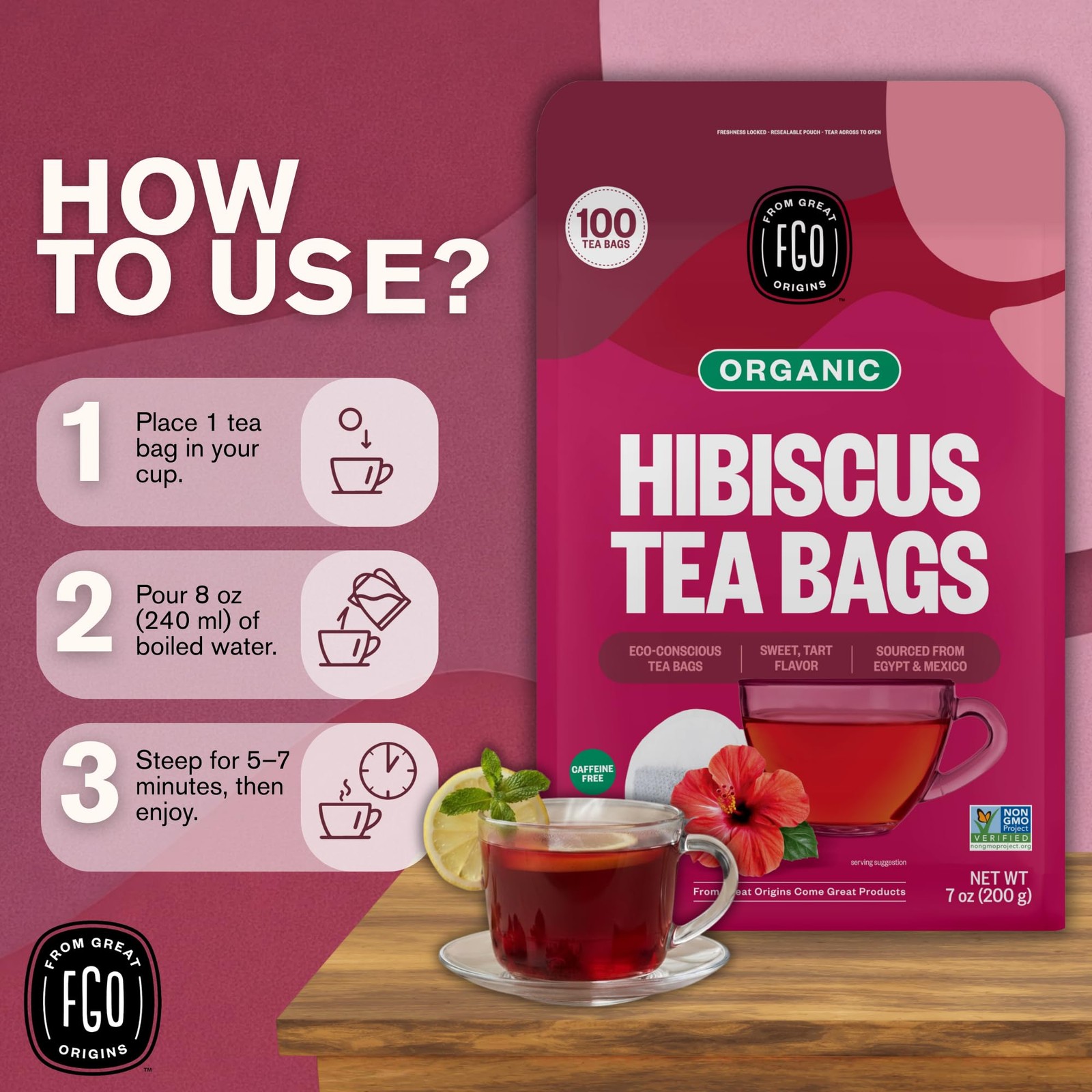 FGO Organic Hibiscus Tea, 100 Count, Eco-Conscious Tea Bags, Caffeine Free,