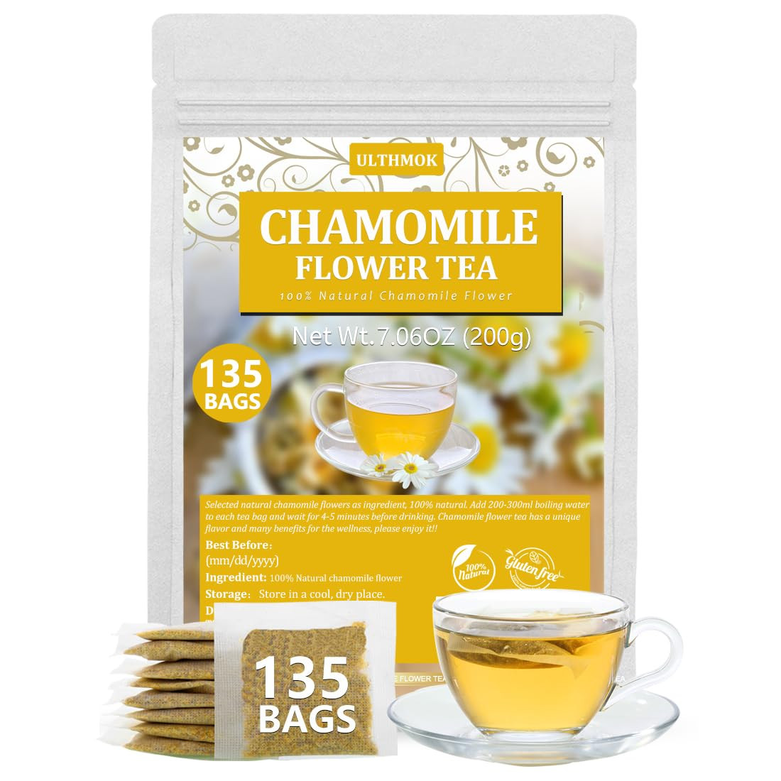 135 Premium Chamomile Tea Bags, Made with 100% Pure Natural Chamomile Flower, Ca