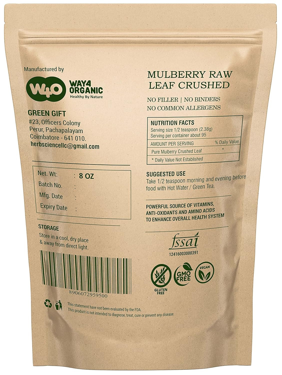 Mulberry Leaf Tea 8 Oz, Dried Crushed Leaves, Best Caffeine Free Tea – Way4Organ