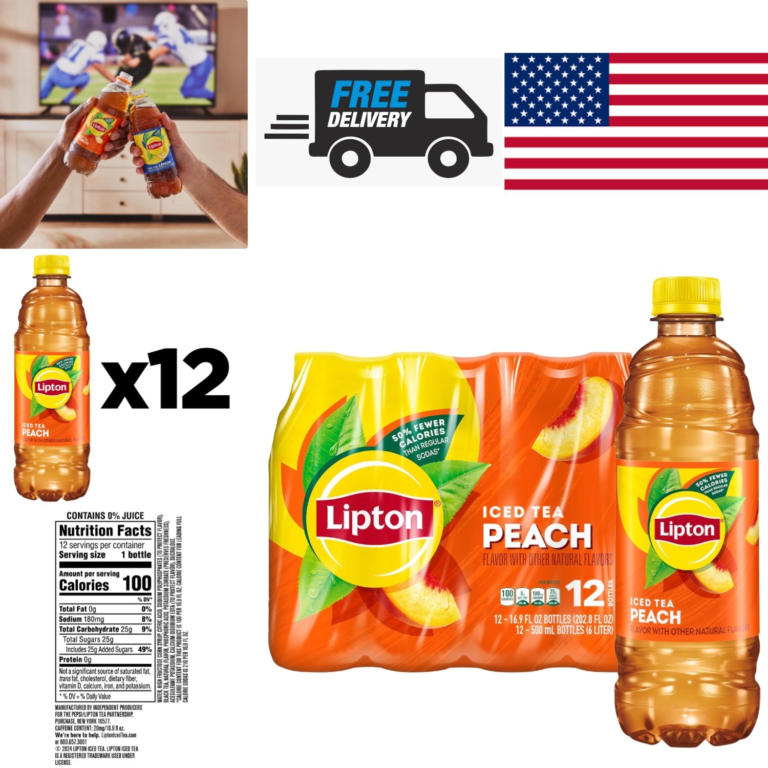 Pack of 12 Peach Iced Tea Bottles 202.8 Fluid Ounces Allergen Free Drink
