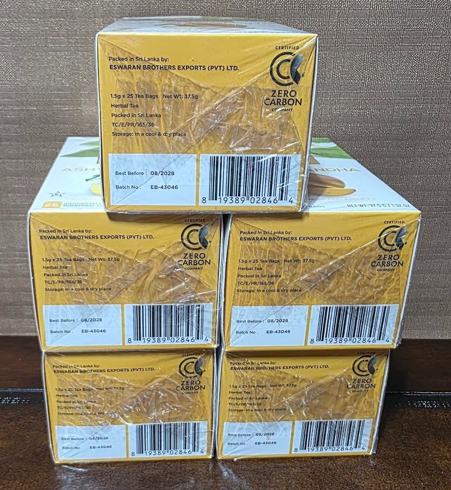 ASHWAGANDHA Mango Herbal Tea – 25 Tea Bags per Pack – LOT of 5 – Exp: 08/2028