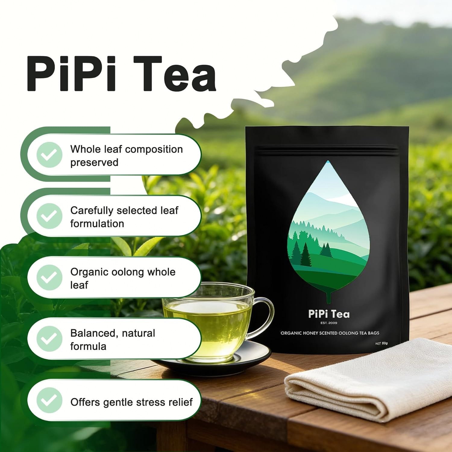 Pipi Tea Oolong Whole Leaf Tea Bags for Stress Relief & Digestion, 20 Count