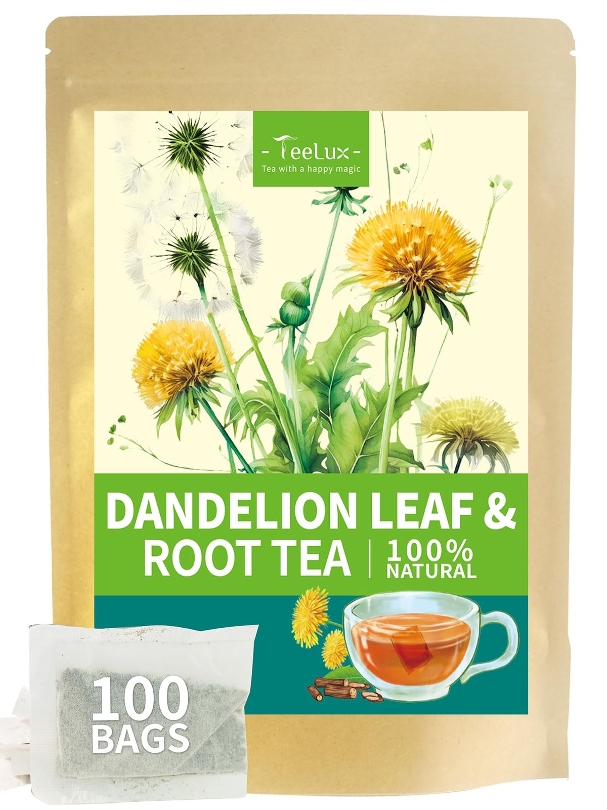 TeeLux Dandelion Leaf & Root Tea Bags, Natural Roasted 100 Count (Pack of 1)