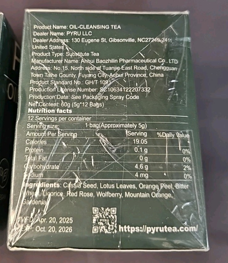 Pyru Oil-Cleansing Tea 2-Pack-24 Bags-Vegan Tea Bags Non-GMO No Gluten Exp 10/26