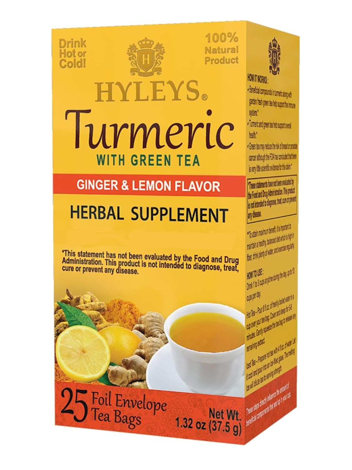 Hyleys 100% Natural Turmeric Tea Green Tea w/ Ginger & Lemon Flavor, 25 Tea Bags