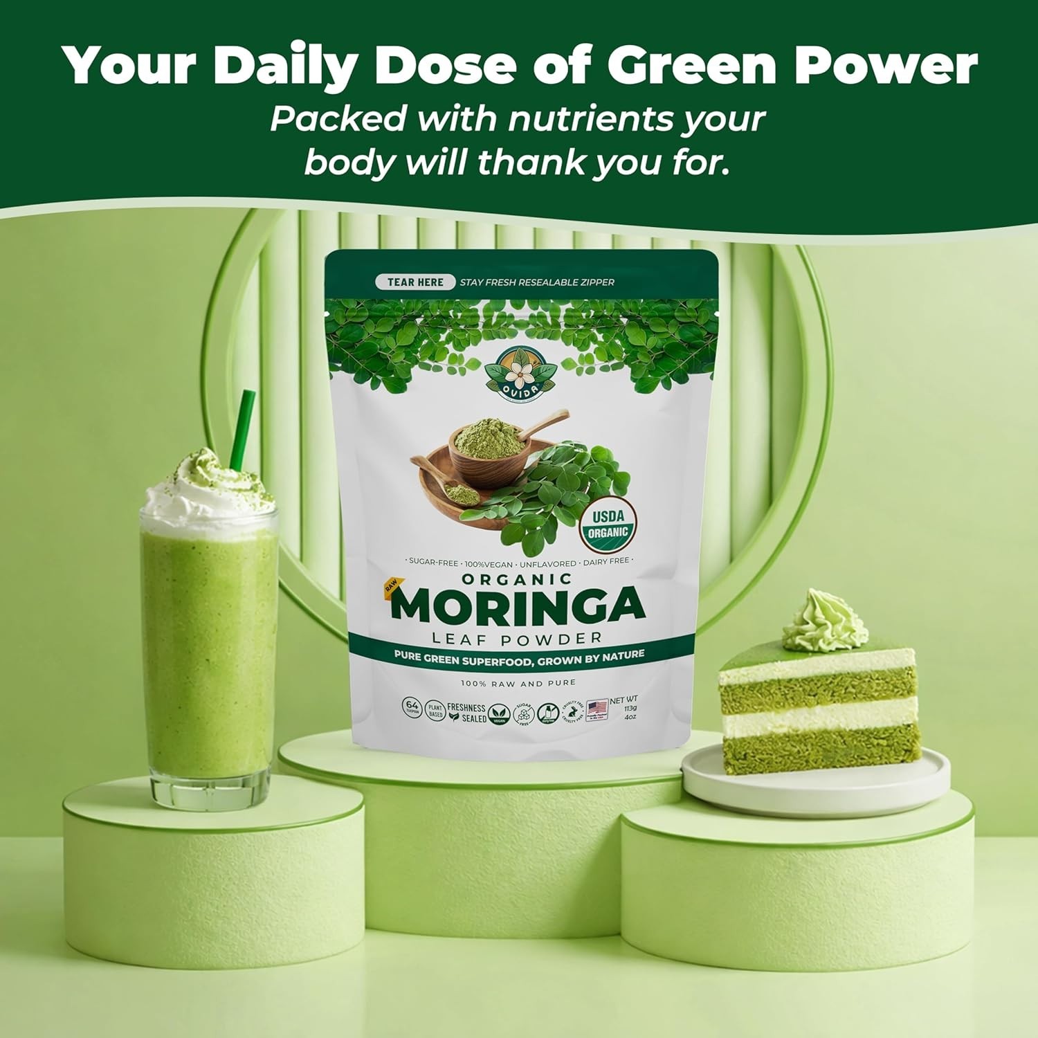 Organic Moringa Leaf Powder, Caffeine Free Powder, Smoothie & Tea Blend 4 oz
