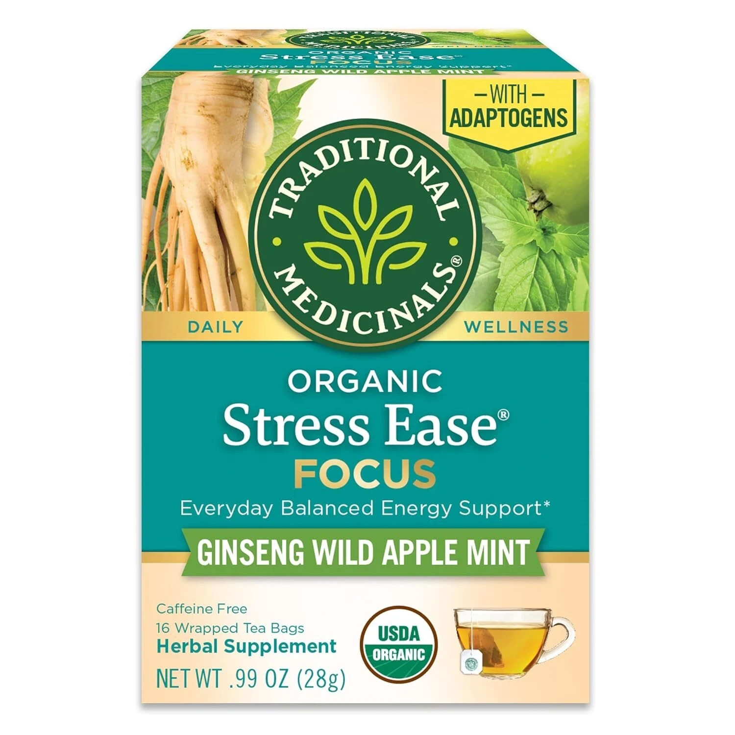 Traditional Medicinals Herbal Tea, Stress Ease Focus Tea Bags, 16 Count