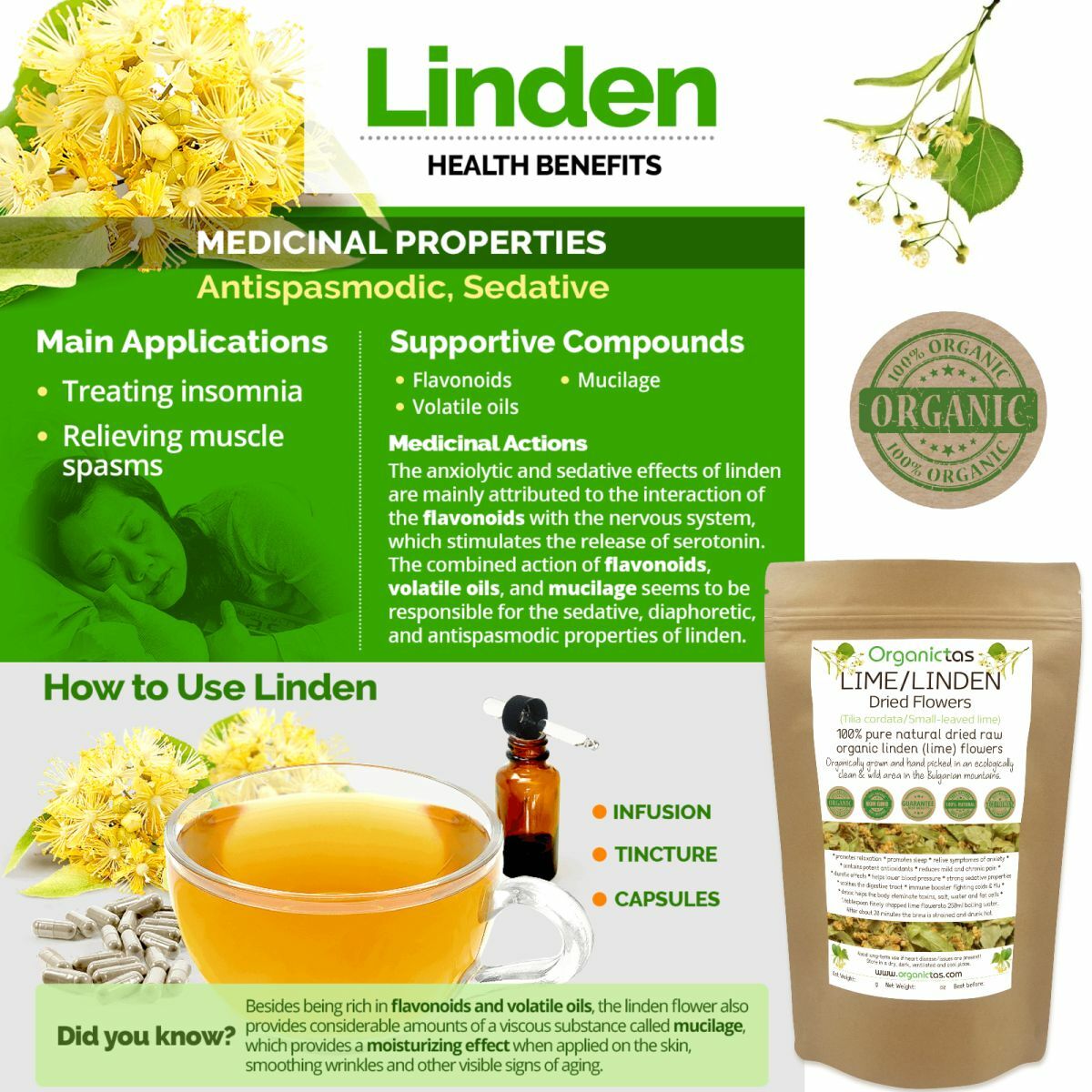 Organic LINDEN FLOWER Tea 2023 Wild Harvest Lime Tree Tilia Premium Quality 100g