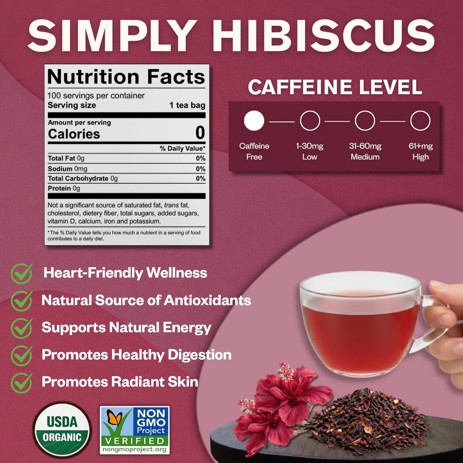 FGO Organic Hibiscus Tea, 100 Count, Eco-Conscious Tea Bags, Caffeine Free,